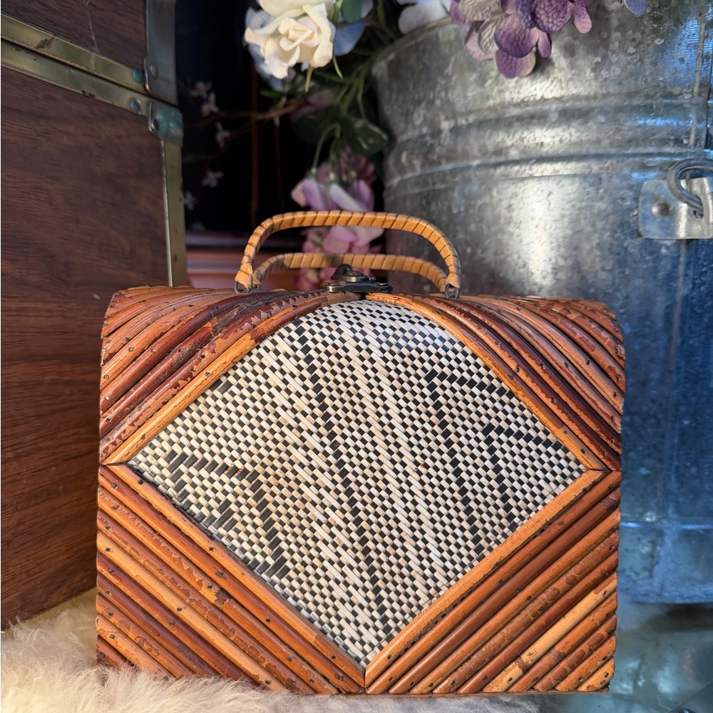 Vintage Woven Bamboo and Whicker Handmade Cigar Handbag with Geometric Design